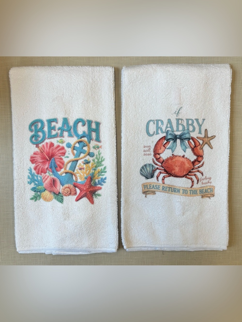 NEW White Beach-Themed Embroidered Hand Towels - Set of 2